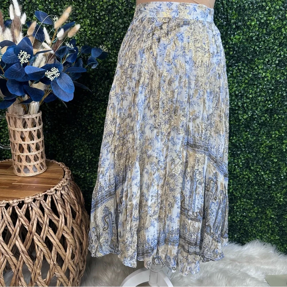 Soft Surroundings silk blend blue paisley metalic gold Pleated‎ Midi Skirt NWOT